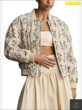 Embroidered Daisy Cropped Bomber Jacket Quilted Puffer Long Sleeve Chic